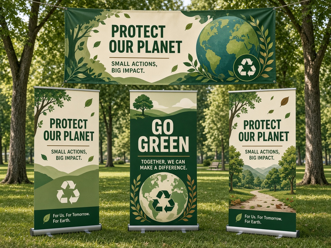 Green environmental retractable banners with Protect Our Planet campaign graphics