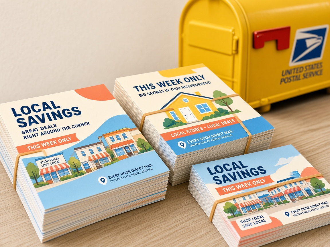 Sunshine-yellow bundled EDDM postcards and a mailbox ready for local delivery