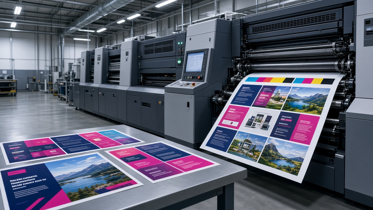 Offset printing press producing full-color commercial print jobs