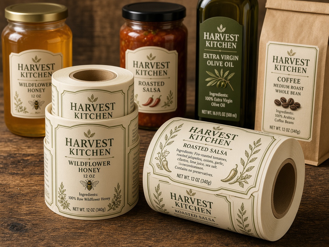 Rolls of gourmet food labels on honey, salsa, olive oil, and coffee packaging