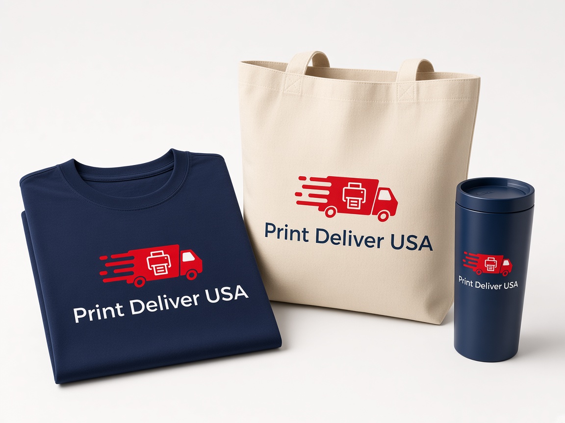 Print Deliver USA branded promotional t-shirts, tote bag, and tumbler