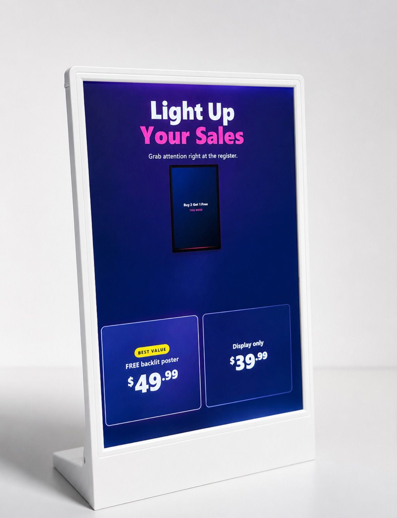 White LED A4 backlit poster stand on a counter