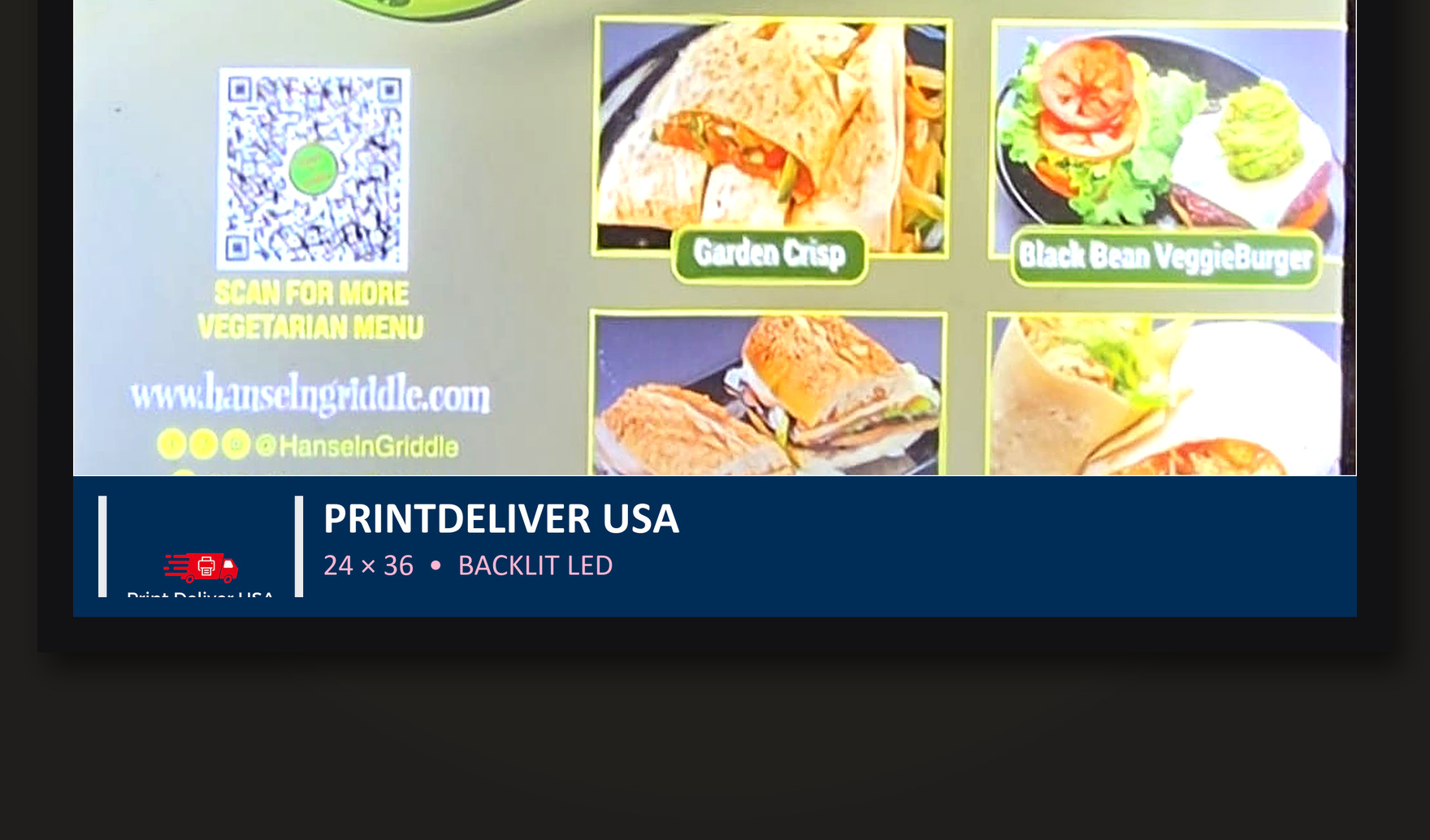 PrintDeliver USA backlit plate on the hanging LED display